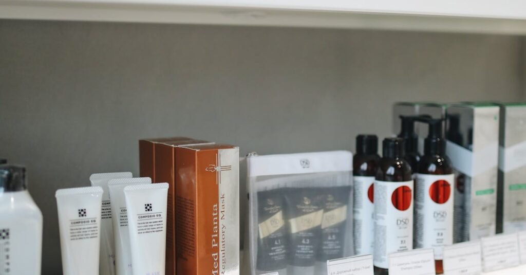A variety of skincare and beauty products displayed neatly on store shelves.